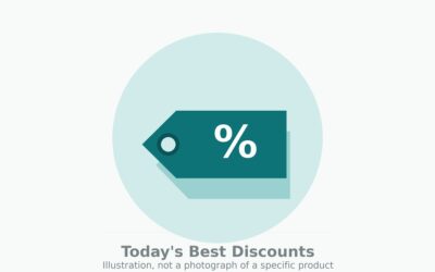Flat illustration of two stacked price tags, the front tag marked with a large percent sign